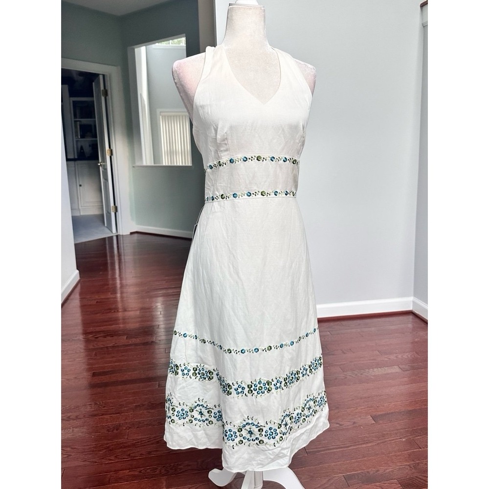 Ann Taylor NWT Linen Halter Floral Embroidered Coquette Dress Size 10 Feminine - Picture 2 of 11